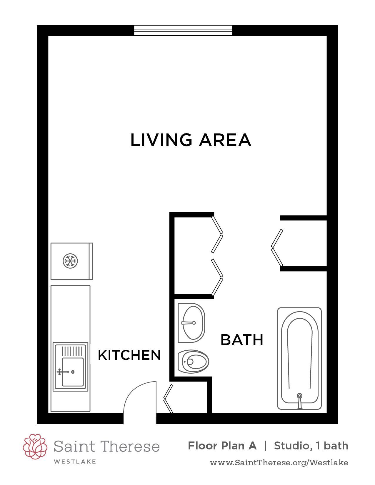 Apartment floor plan showing living area, kitchen, bath, and closet layout.