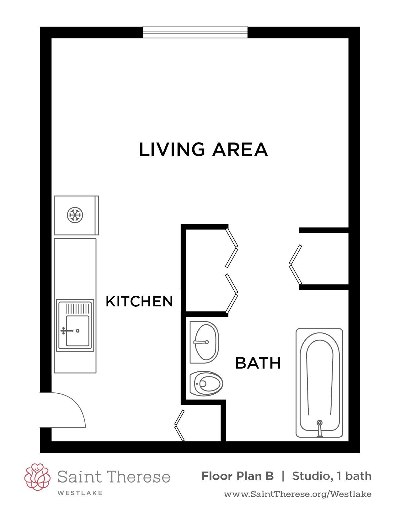 Floor plan of a studio apartment with a kitchenette, living/bedroom area, bathroom, and storage closets.