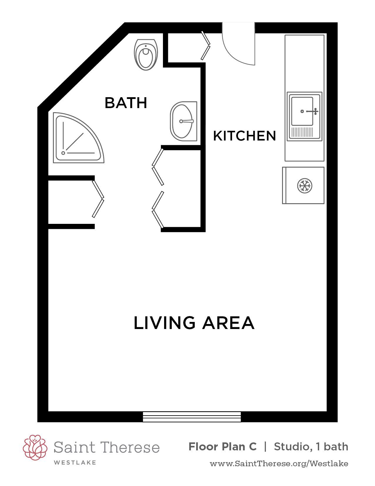 Floor plan of a studio apartment with bath, kitchen, and living area layout.