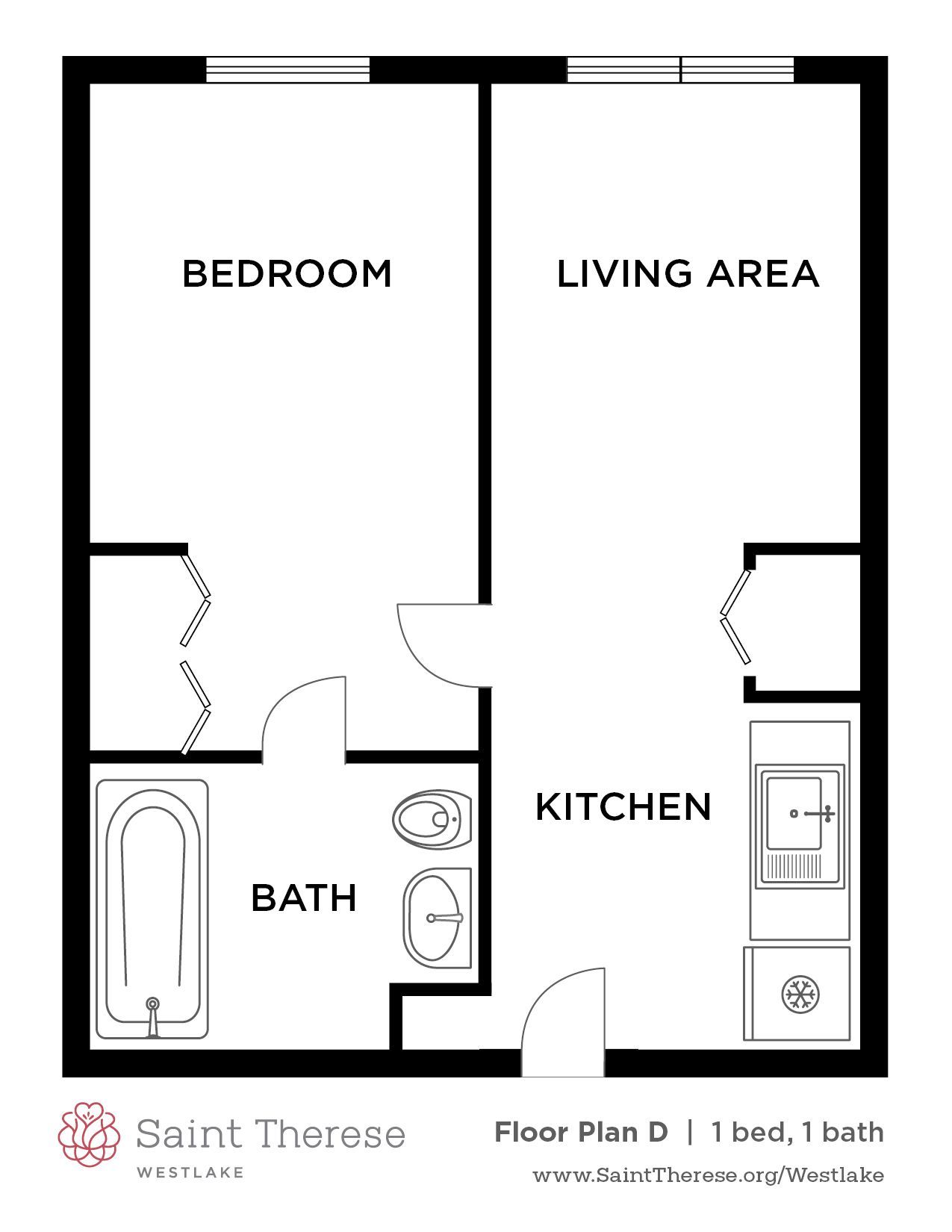 Floor plan of a one bedroom apartment with a kitchenette, living area, bathroom, and storage closets.