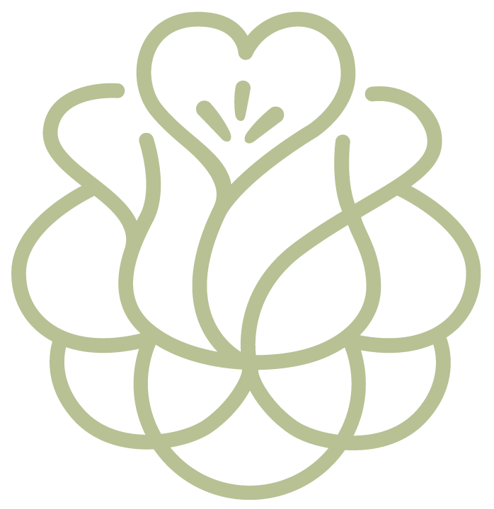 A sage green line-art illustration of a stylized flower with a heart-shaped top petal.