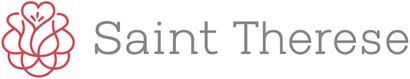 A stylized, thin-lined rose illustration in muted red next to the gray text "Saint Therese".