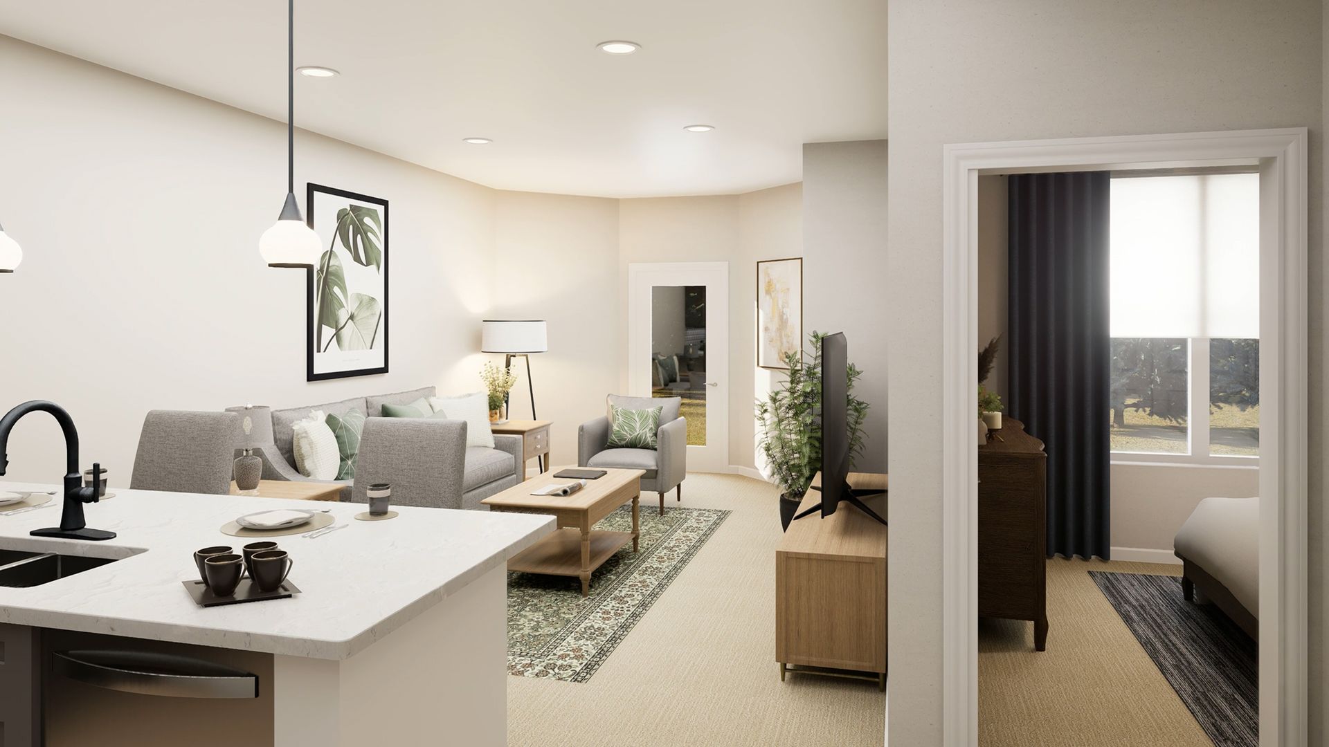 An open-concept living area with a kitchen island, sofa, armchair, and a view into a bedroom through an open doorway.