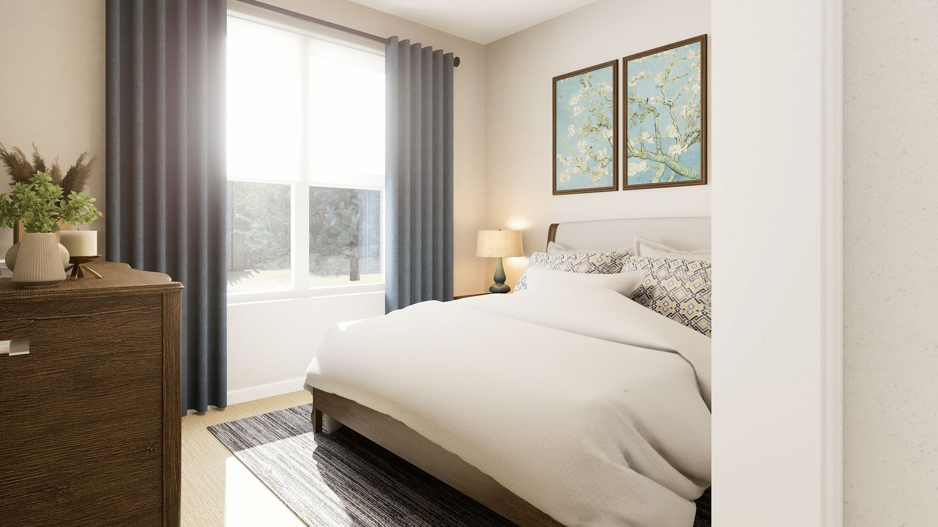 A sunlit bedroom features a bed with white bedding, a dark wooden dresser, blue curtains, and floral wall art.