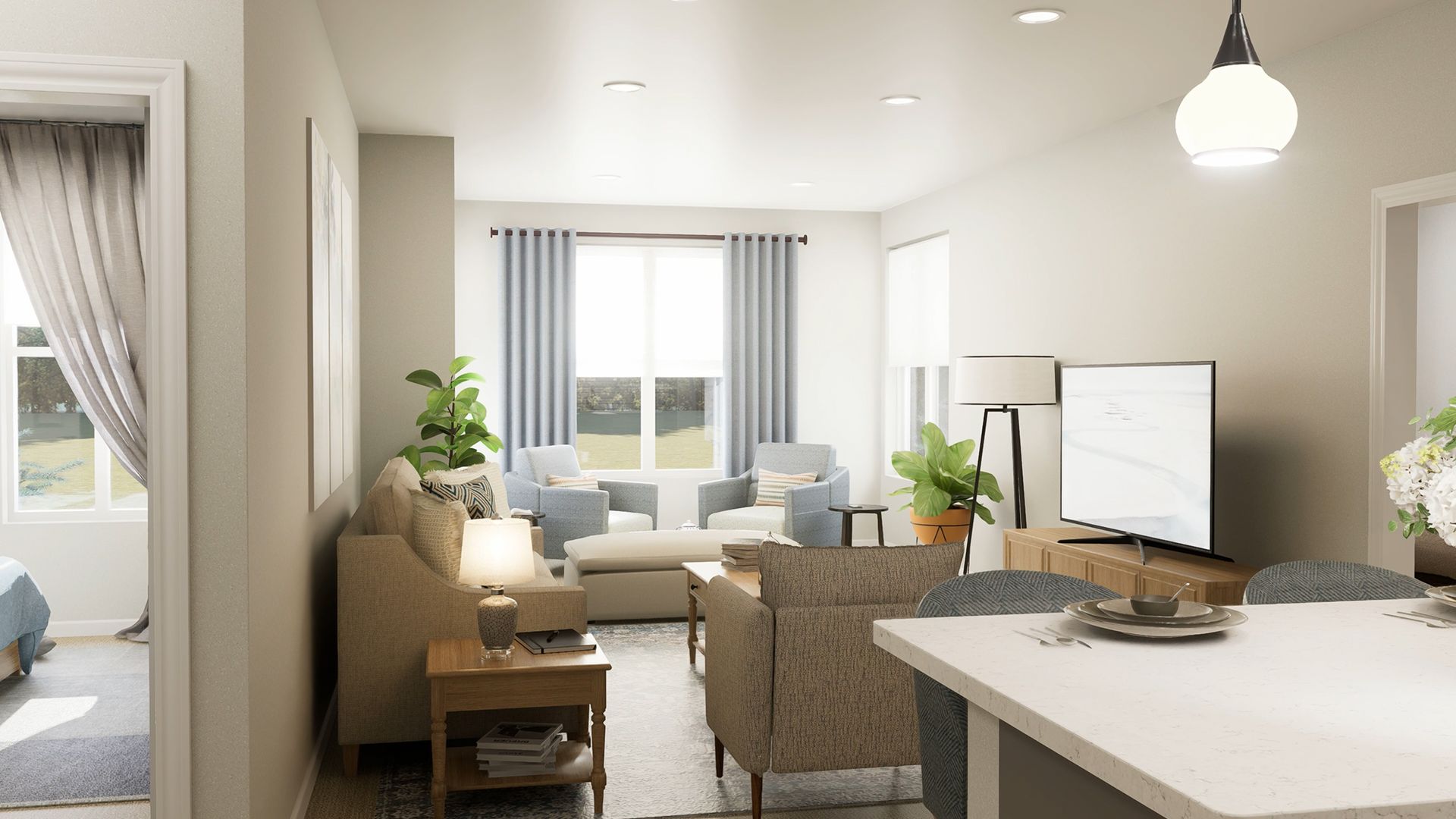 A cozy, neutral-toned living room with a sofa, armchairs, a television, and a window with curtains, adjacent to a kitchen.