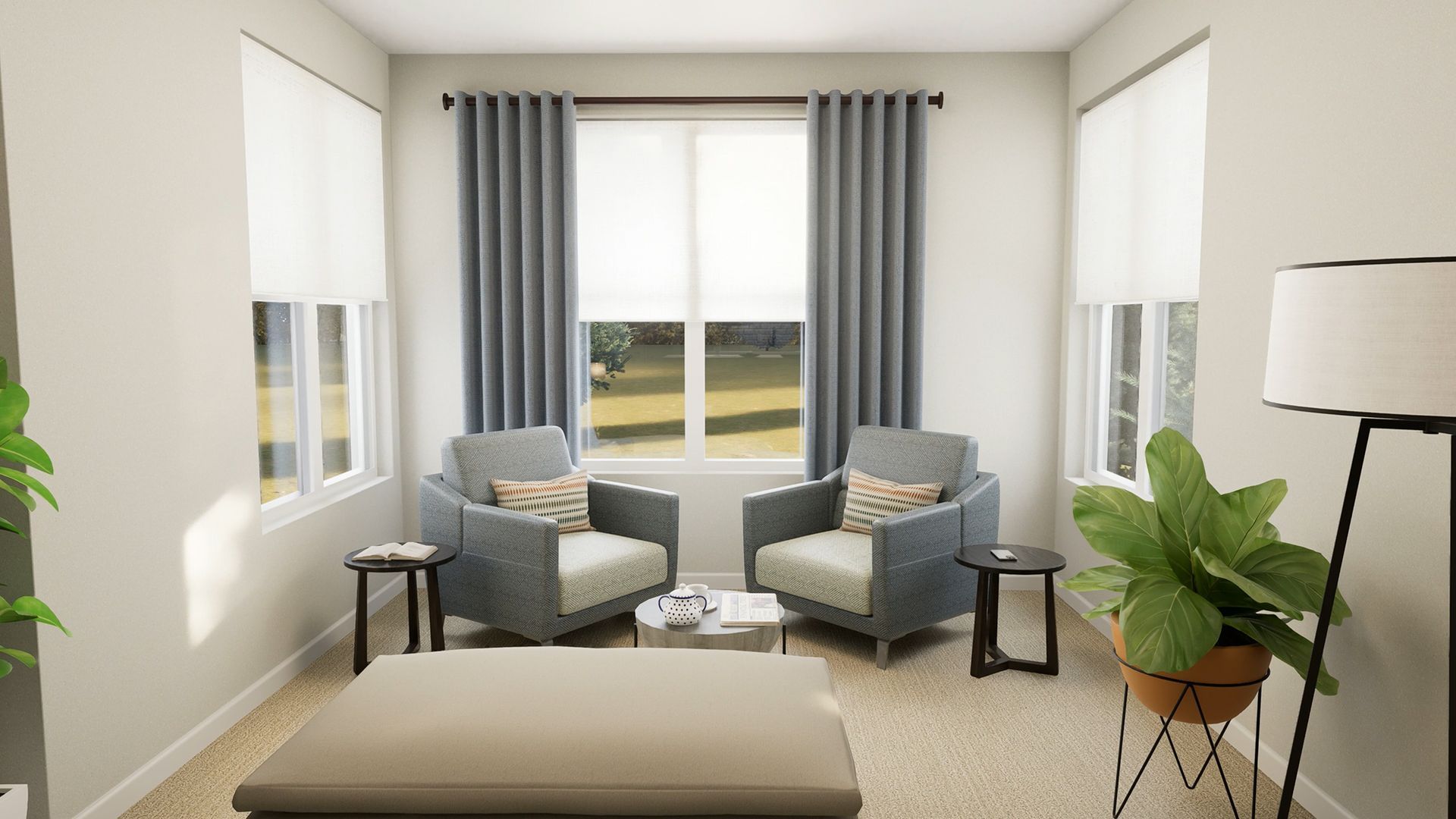 A cozy, neutral-toned seating area with two grey armchairs, a low coffee table, side tables, and a potted plant.