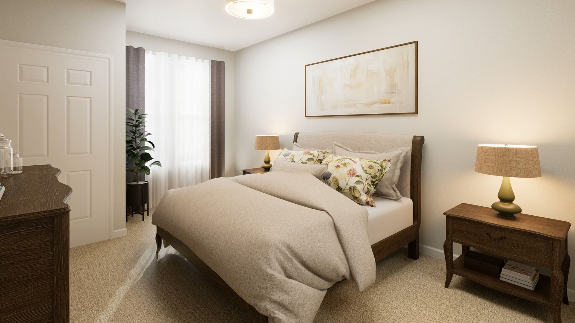 A brightly lit bedroom featuring a beige bed, two wooden nightstands with lamps, a window with curtains, and a piece of art.