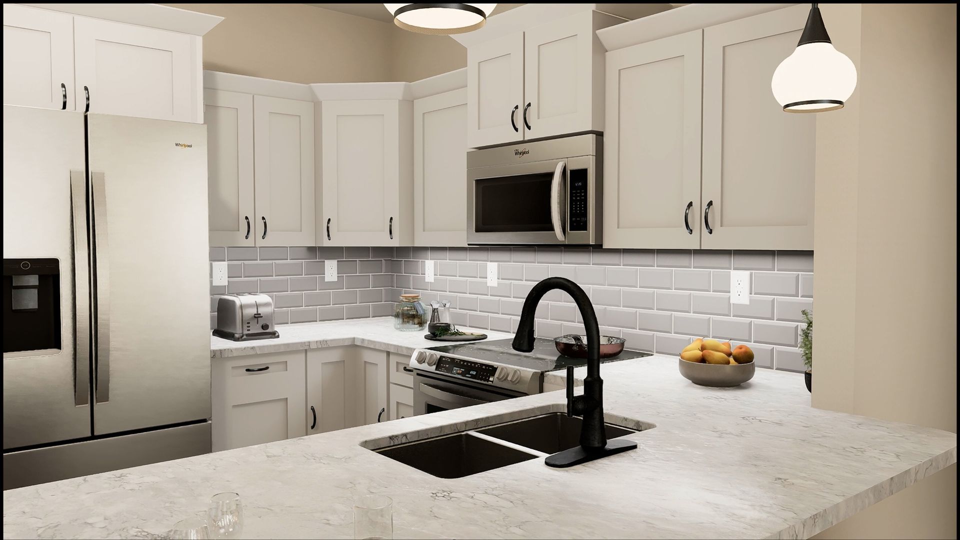 A modern kitchen featuring white cabinets, stainless steel appliances, a light-colored countertop, and gray tile backsplash.