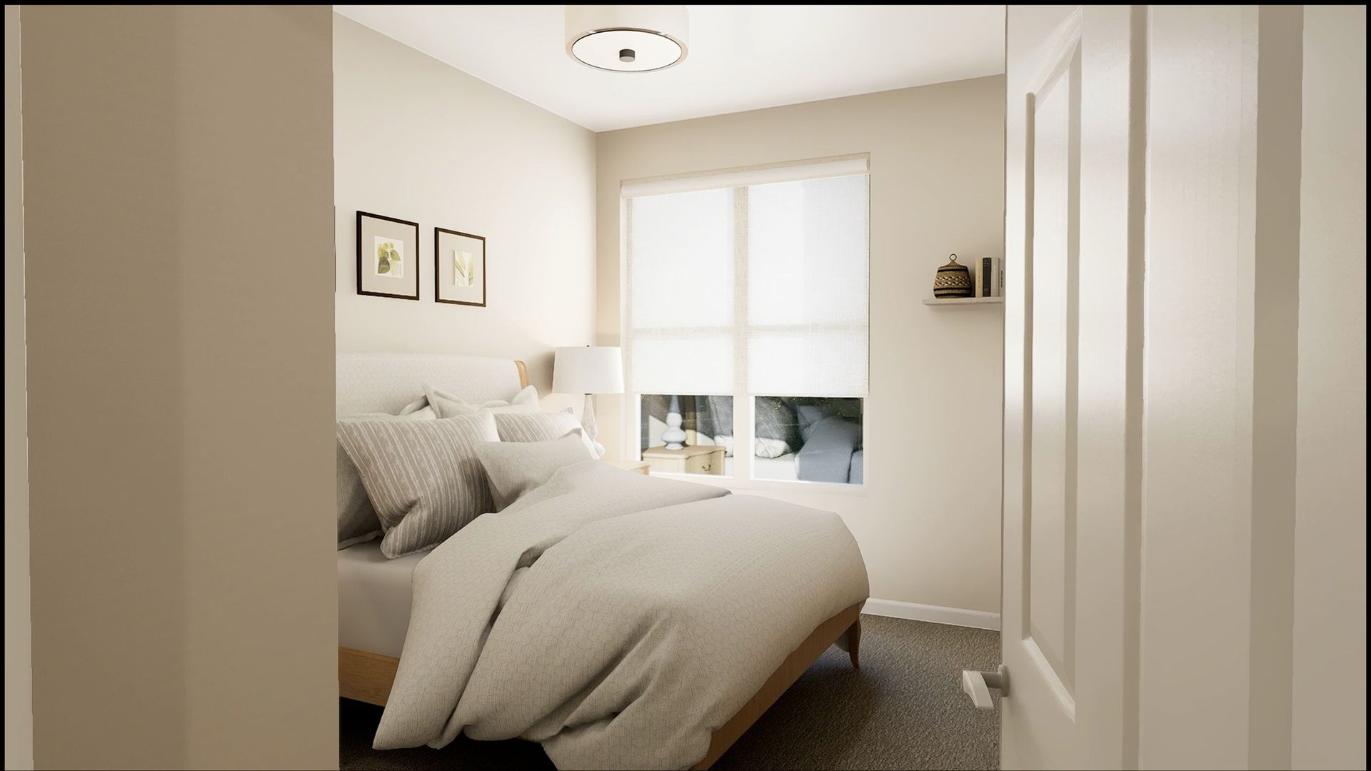 View of a cozy, neutral-toned bedroom with a made bed, two wall pictures, a window, and a small shelf.