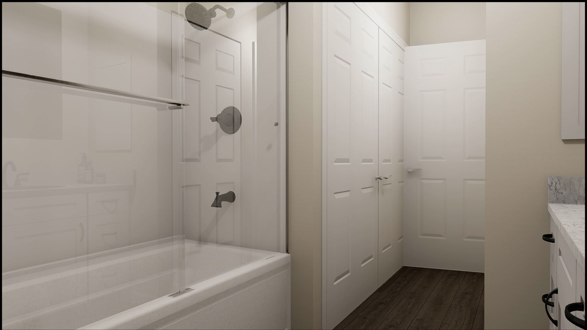 Modern bathroom with a white bathtub, shower head, faucet, white paneled doors, and dark wood-look flooring.