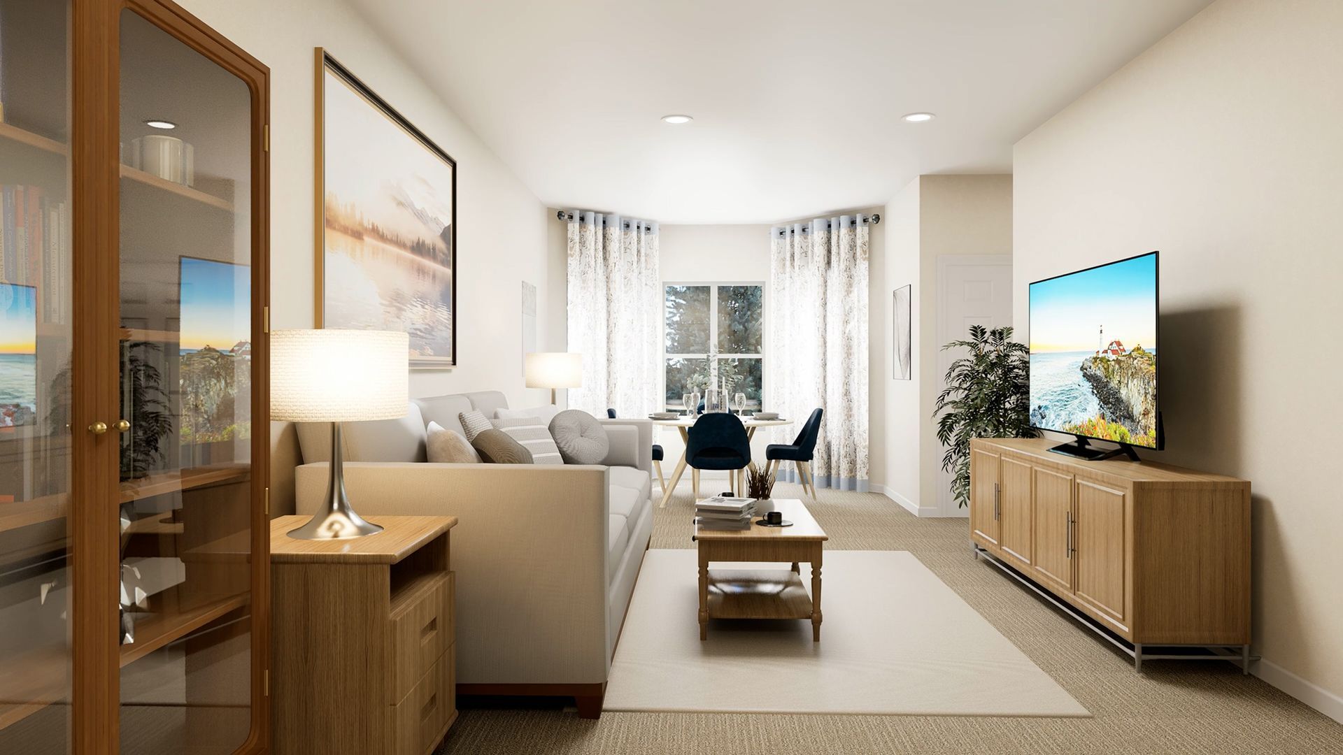 A neutral-toned living room featuring a beige sofa, wood coffee table and TV stand, and a dining area by a bay window.