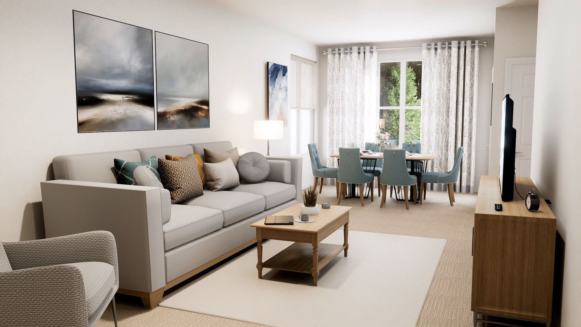 A modern living and dining room with a light gray sofa, wooden coffee table, and blue dining chairs by a window.