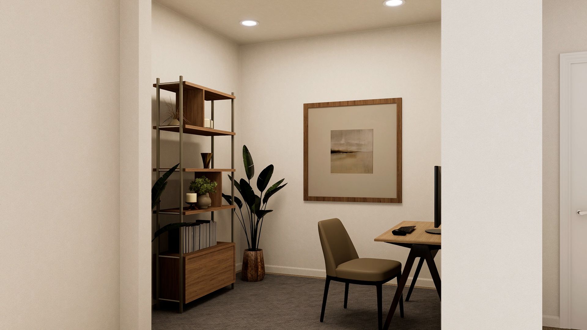 A home office featuring a wooden desk with a chair, a tall open shelving unit with plants, and framed wall art.
