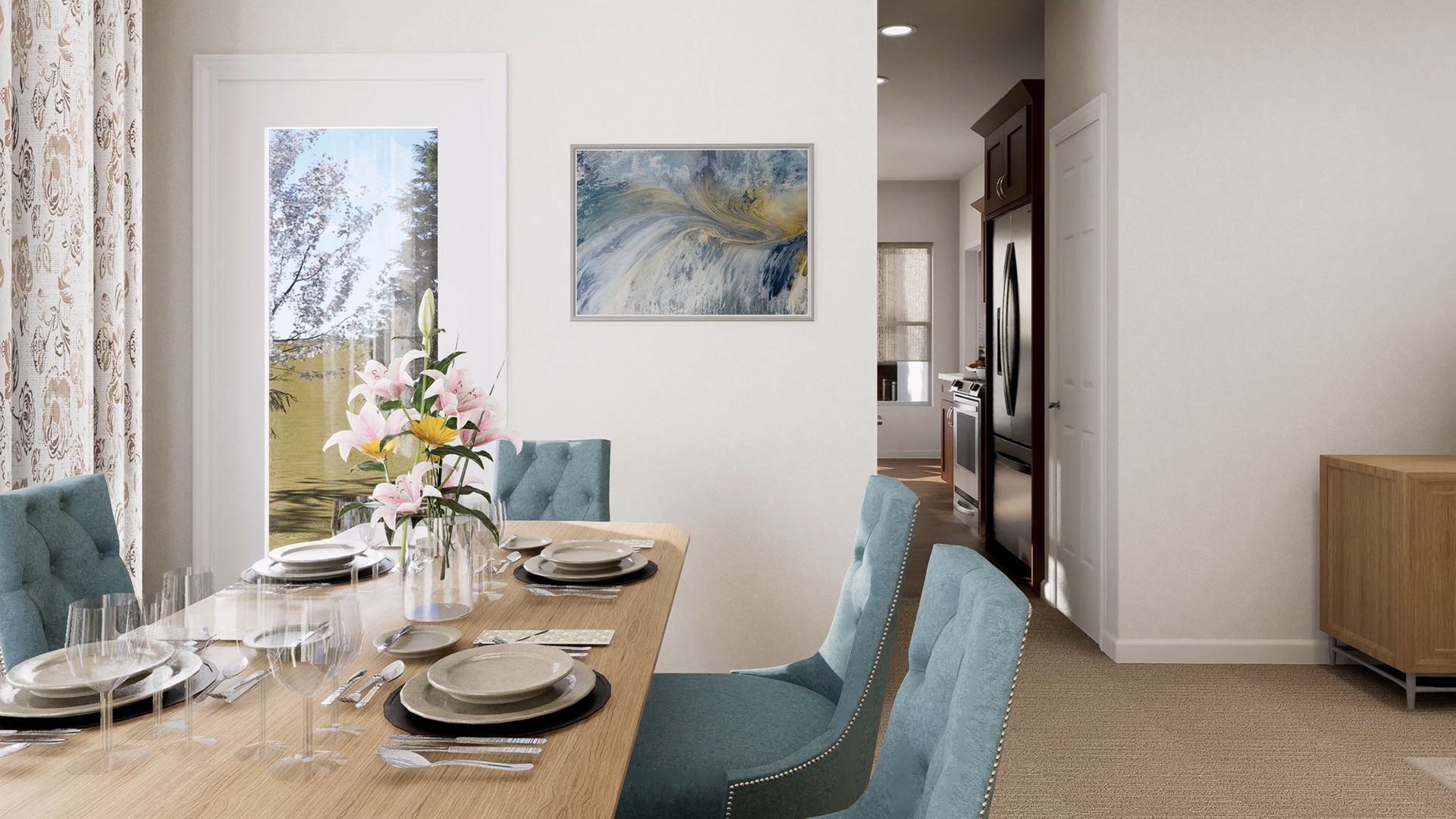 A dining room with a wooden table, blue tufted chairs, and a floral centerpiece, leading to a hallway with a dark cabinet.