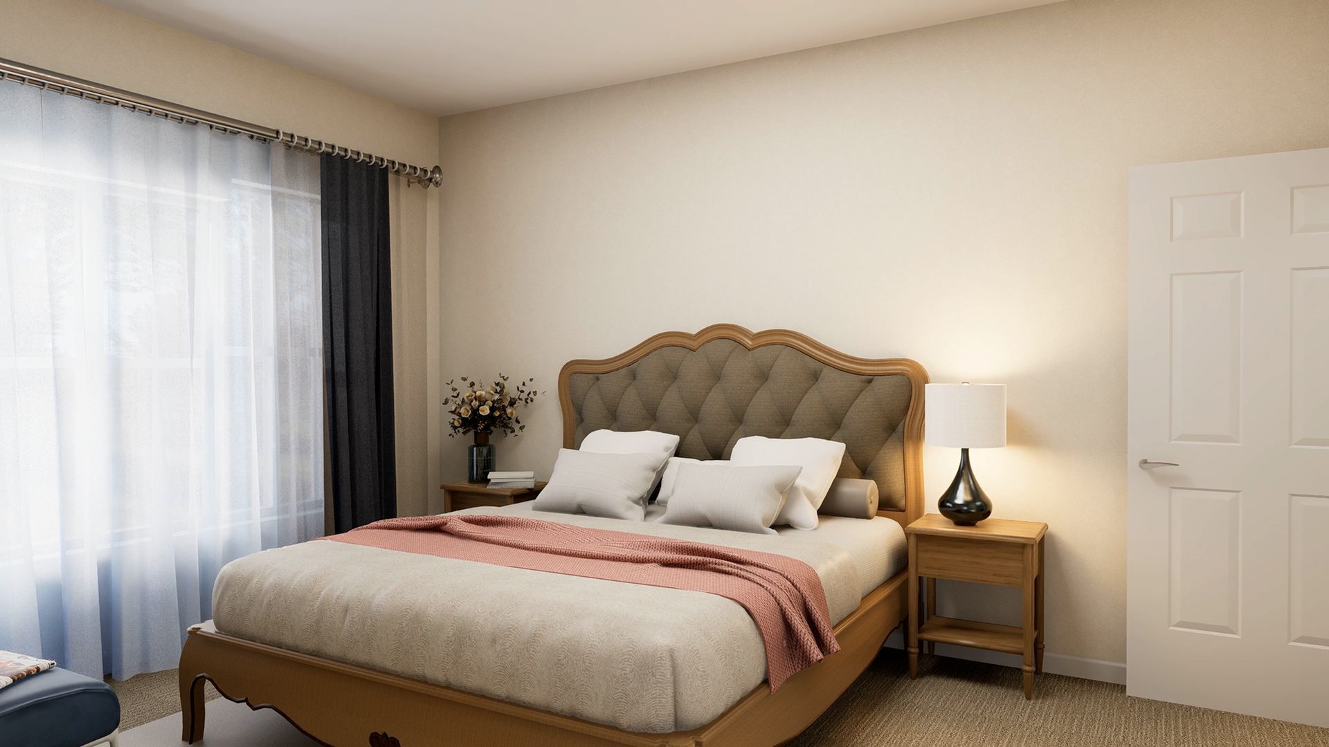 A bedroom with a tufted headboard, white bedding with a pink runner, a wooden nightstand with a lamp, and a window.
