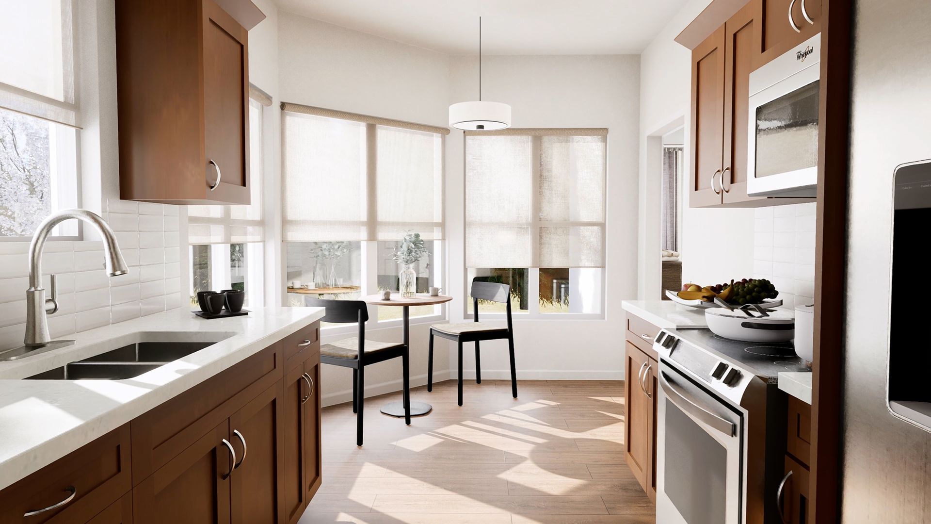 Modern kitchen featuring dark wood cabinets, white countertops, stainless steel appliances, and a small dining nook.
