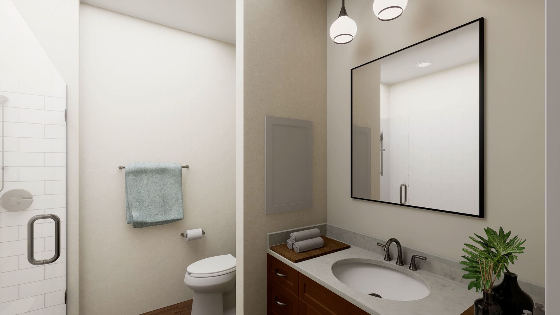 Modern bathroom with a wooden vanity, quartz countertop, black-framed mirror, toilet, and a tiled shower stall.