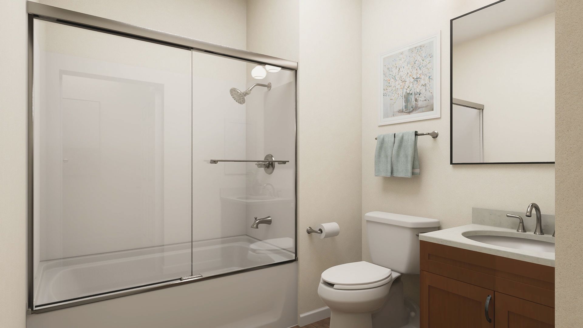 A bathroom featuring a glass-enclosed bathtub shower, a white toilet, and a wood-toned vanity with a sink and mirror.