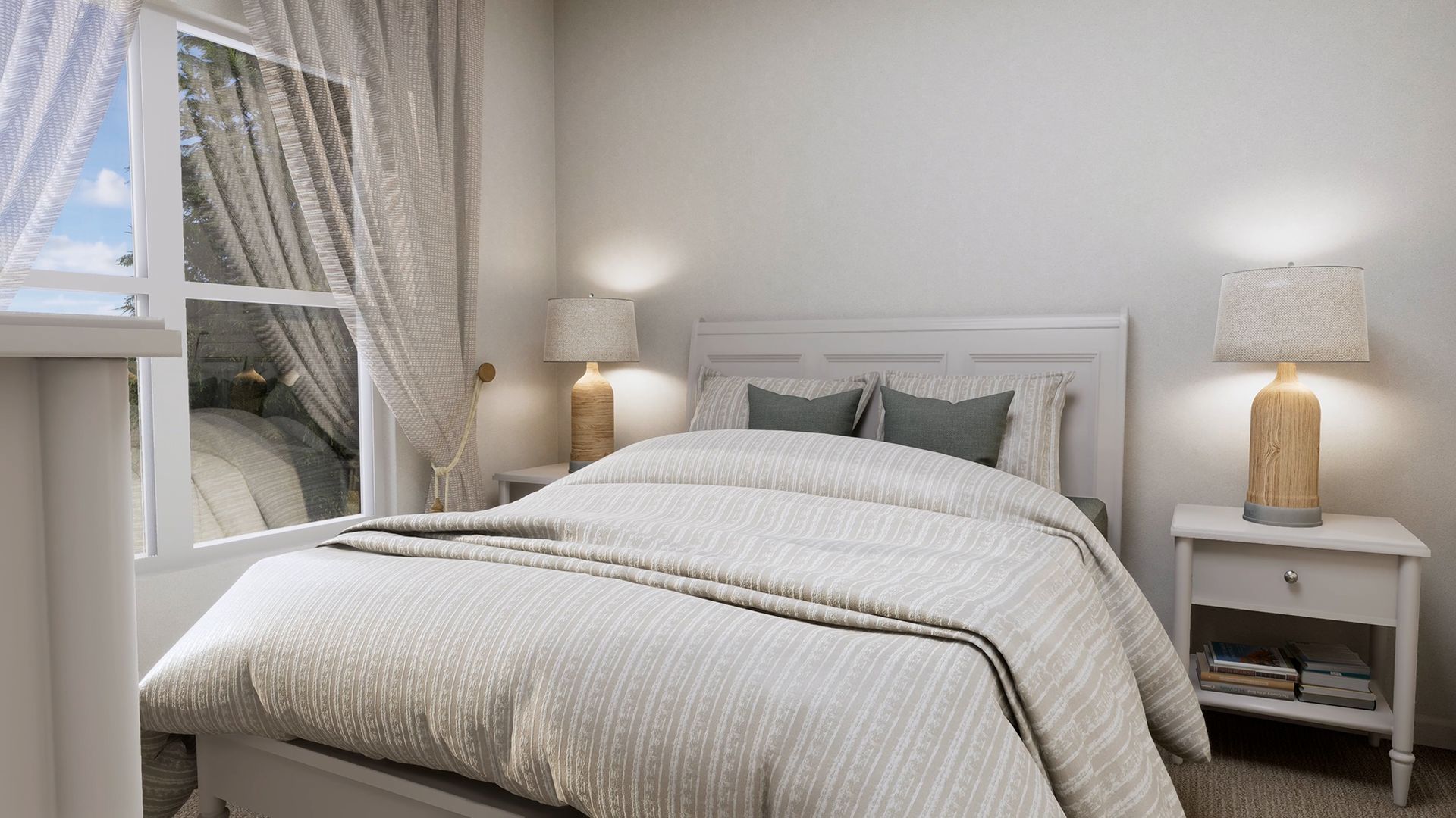 A bright, neutral bedroom featuring a queen bed with white bedding, matching nightstands, and soft, glowing lamps.