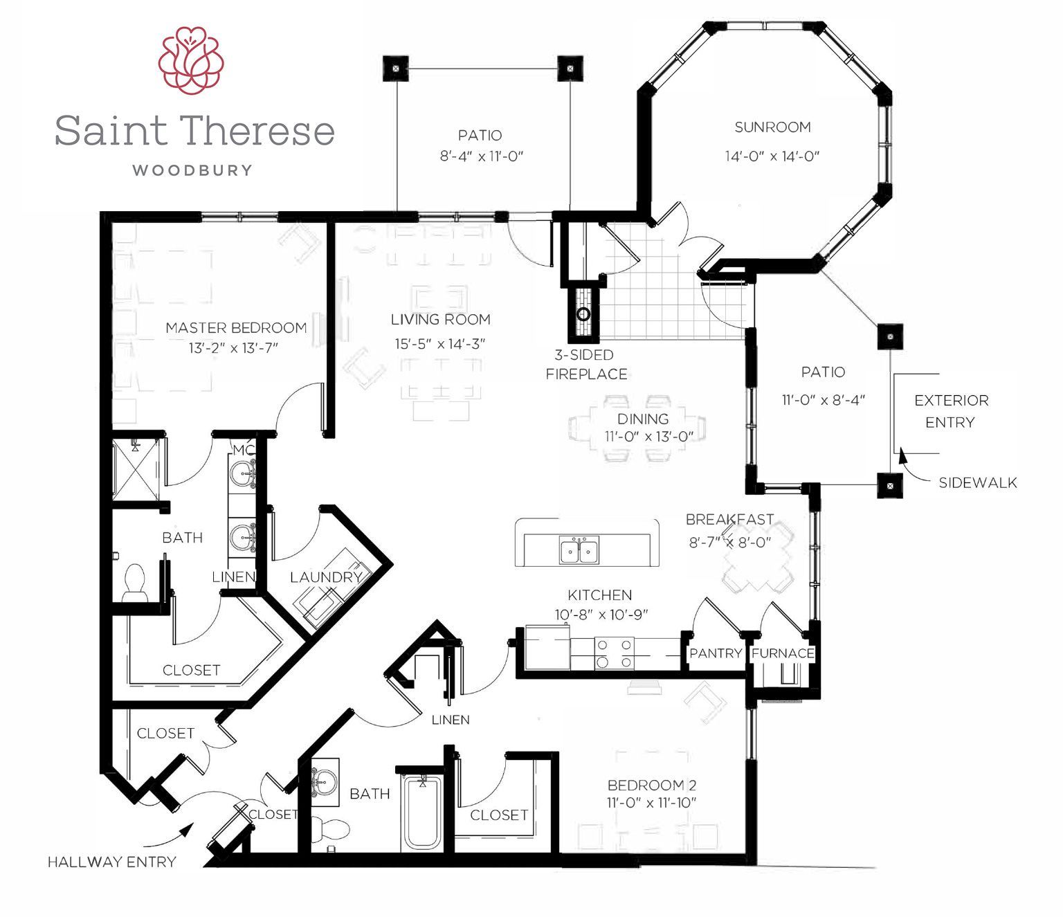 Floor plan for Saint Therese Woodbury, showing a layout with two bedrooms, two baths, a kitchen, and a living area.