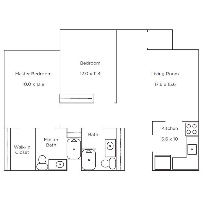 Floor plan of a two-bedroom, two-bathroom apartment featuring a living room, kitchen, and master bedroom with walk-in closet.