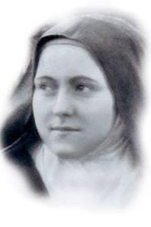 A black-and-white portrait of Saint Thérèse of Lisieux wearing a habit and head covering, looking toward the side.