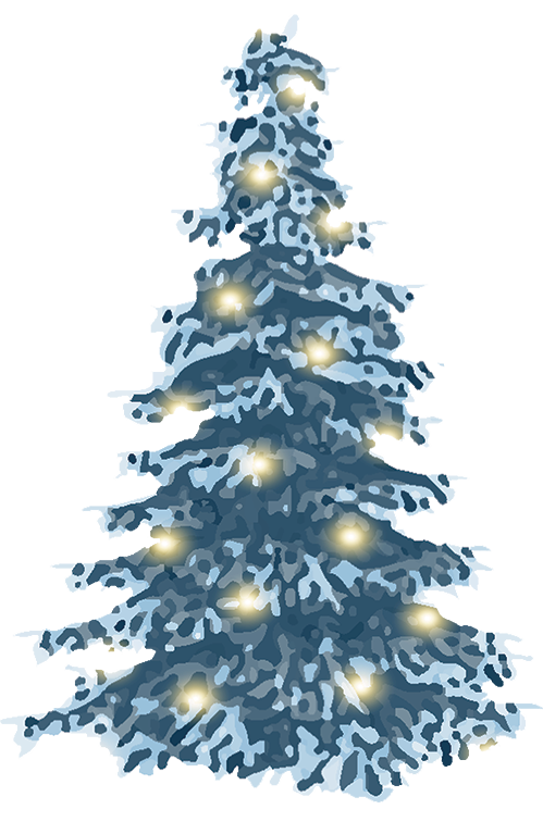 A snow-covered Christmas tree with glowing warm lights against a plain white background.