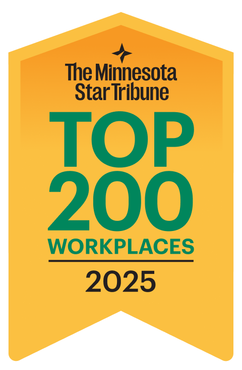 The Minnesota Star Tribune Top 200 Workplaces 2025 award badge on a yellow shield-shaped background with green text.