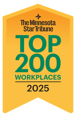 The Minnesota Star Tribune Top 200 Workplaces 2025 award badge, featuring green text on a yellow shield-shaped background.