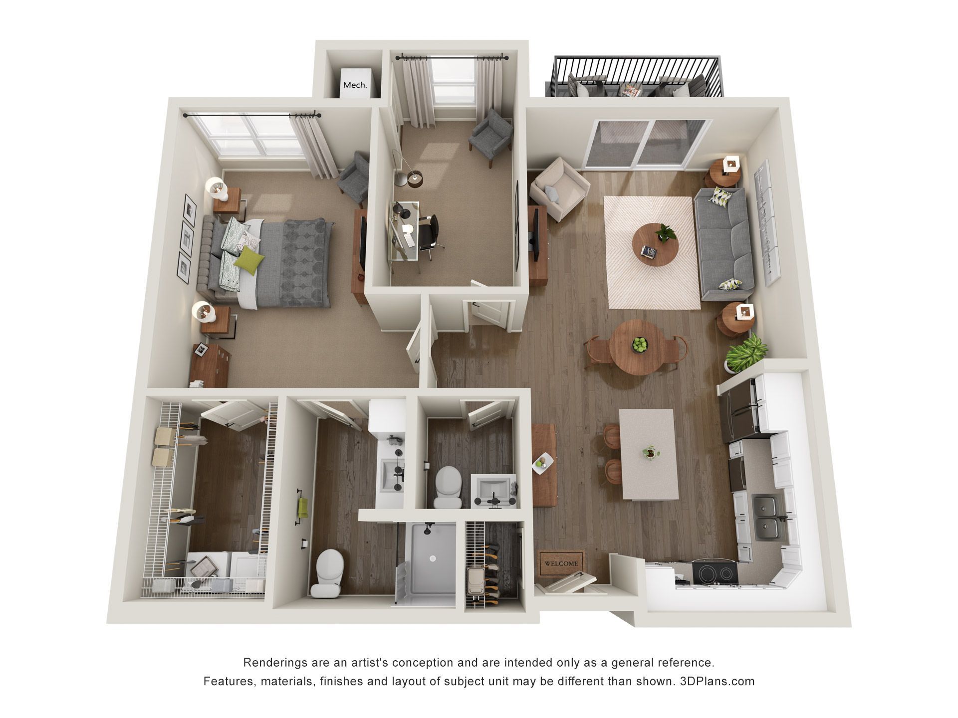A 3D floor plan showing a one-bedroom apartment with an open kitchen, living area, bathroom, and walk-in closet.