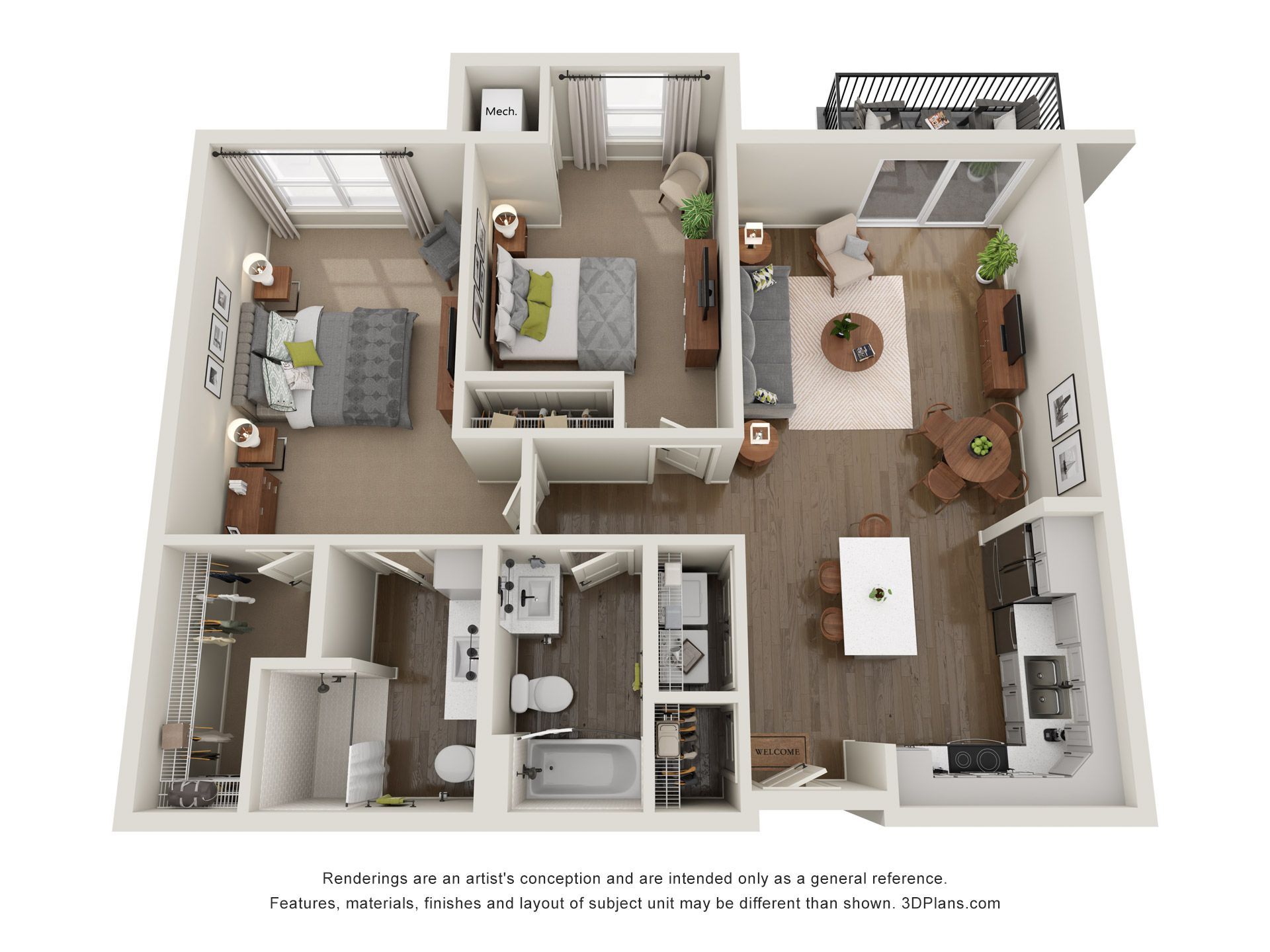 3D floor plan of a two-bedroom apartment featuring an open kitchen, living area, balcony, and two bathrooms.
