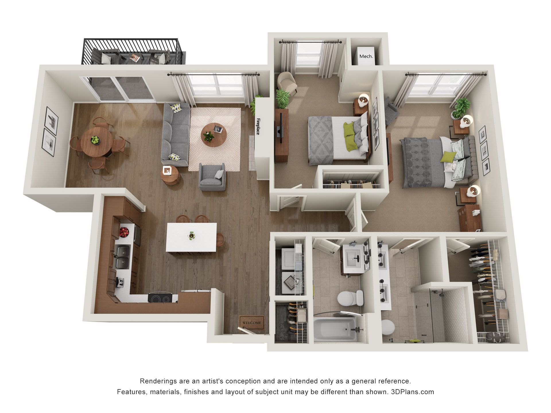 A 3D floor plan of a two-bedroom, two-bathroom apartment featuring an open-concept kitchen, dining, and living area.