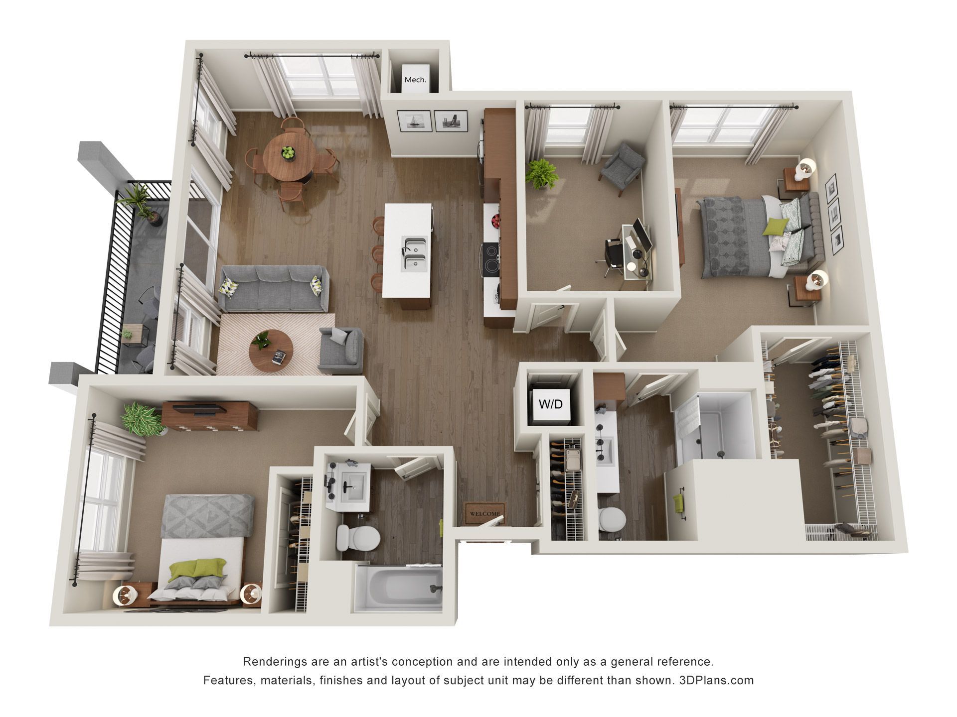 A top-down floor plan showing a two-bedroom apartment with a living area, kitchen, two bathrooms, and a balcony.