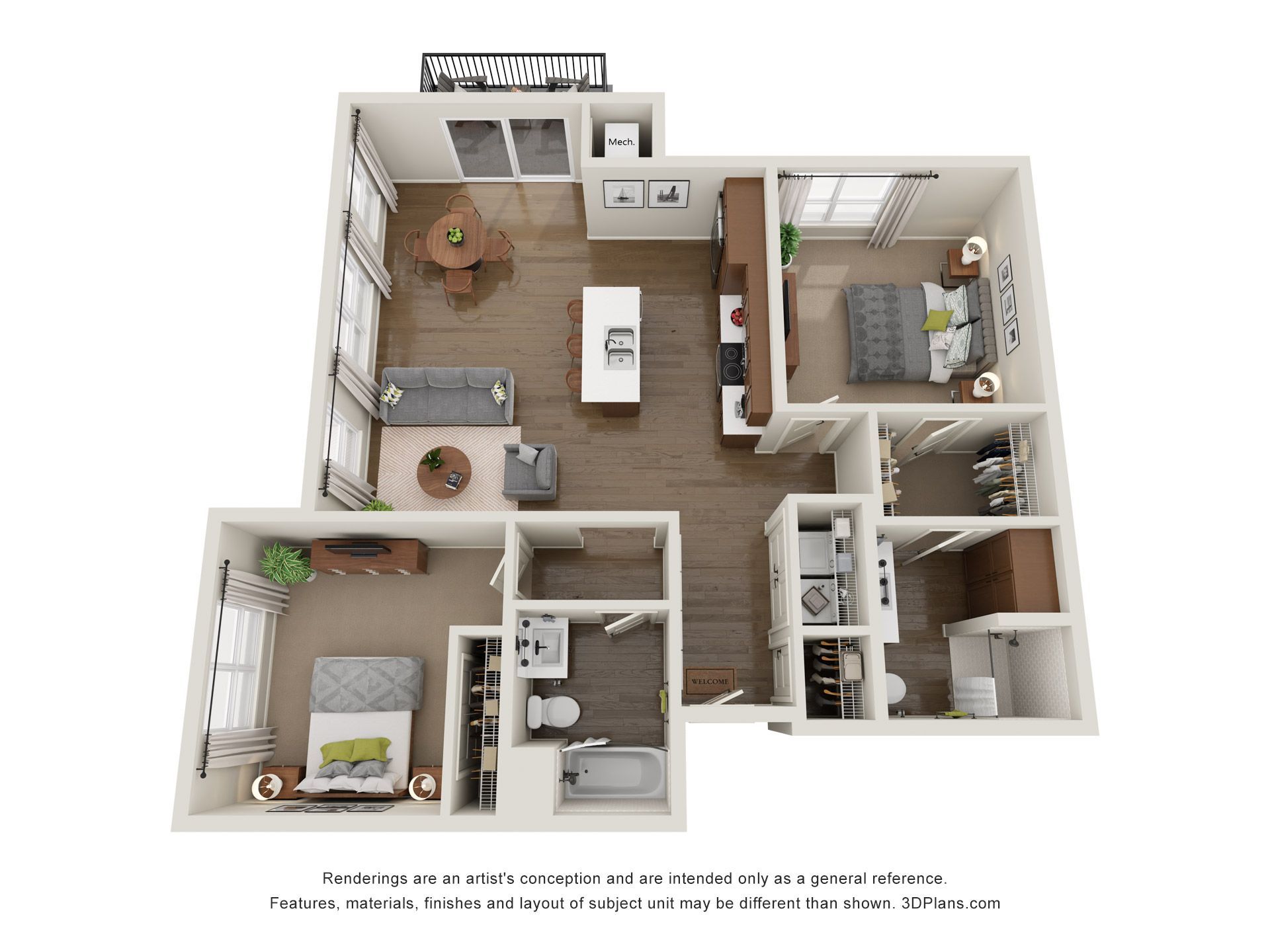 Top-down 3D floor plan of a two-bedroom, two-bathroom apartment with an open living area, dining space, and island kitchen.
