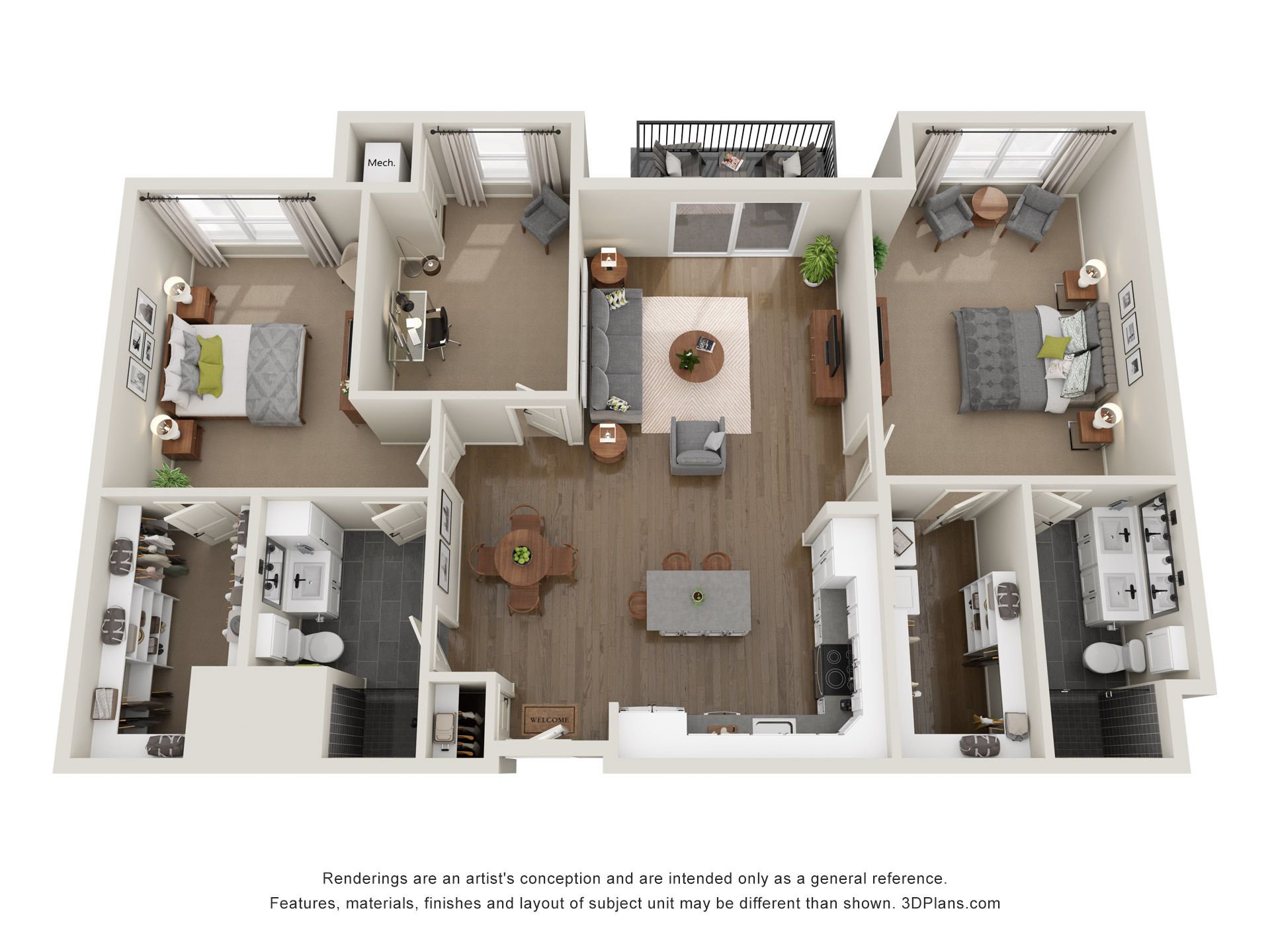 3D floor plan of a two-bedroom apartment with a central living, dining, and kitchen area and two bathrooms.