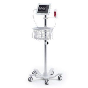 A white medical mobile stand featuring a screen displaying ultrasound images, a storage basket, and a gel bottle holder.