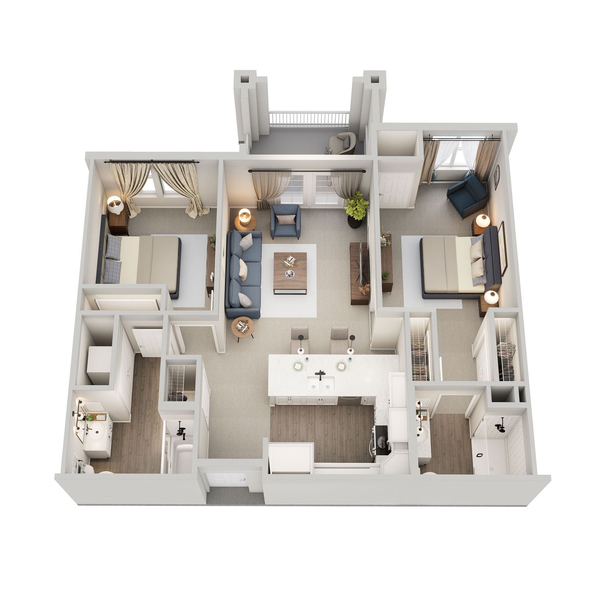 A 3D floor plan for a two-bedroom, two-bathroom apartment featuring an open-concept kitchen, living room, and balcony.
