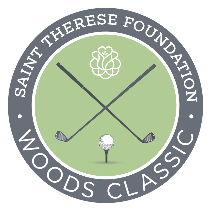Circular logo for Saint Therese Foundation Woods Classic with crossed golf clubs, a golf ball, and a rose icon.