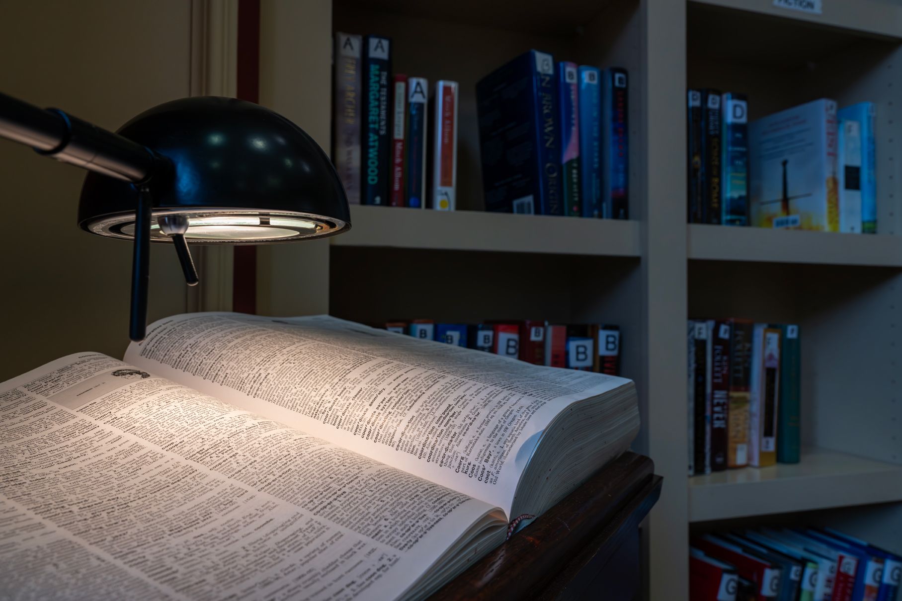 A desk lamp illuminates an open book on a wooden surface in front of a bookshelf filled with books.