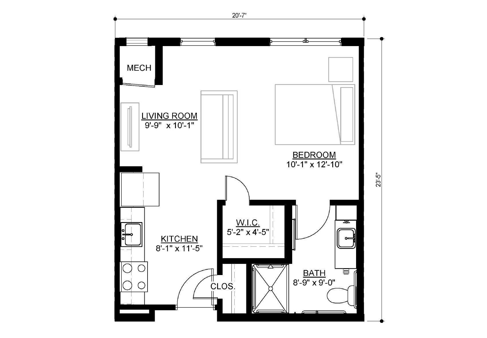 Floor plan for a one-bedroom apartment with a living room, kitchen, bathroom, and walk-in closet.