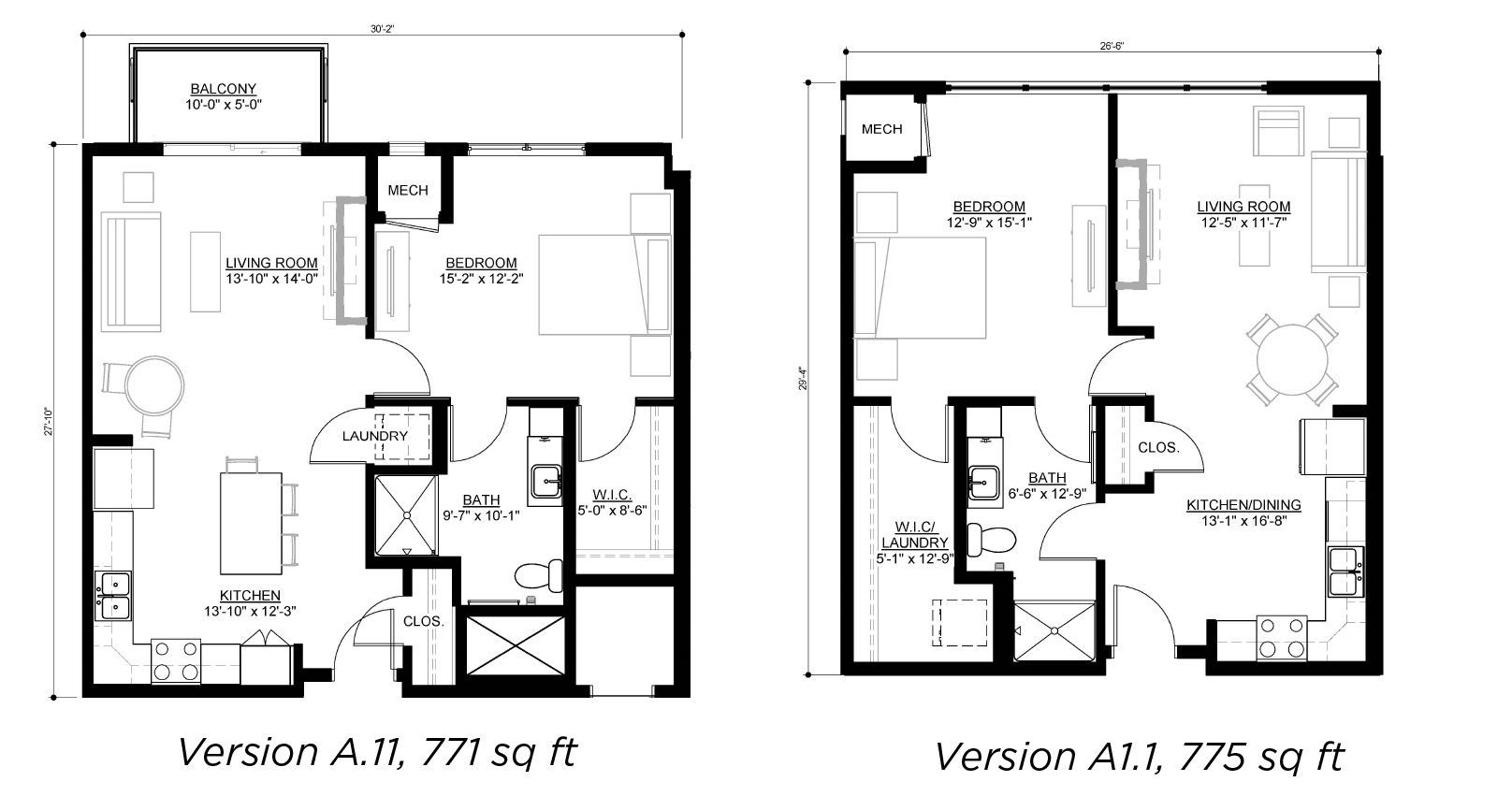 Two floor plans for apartment layouts, Version A.1 (771 sq ft) and Version A1.1 (775 sq ft), side-by-side.