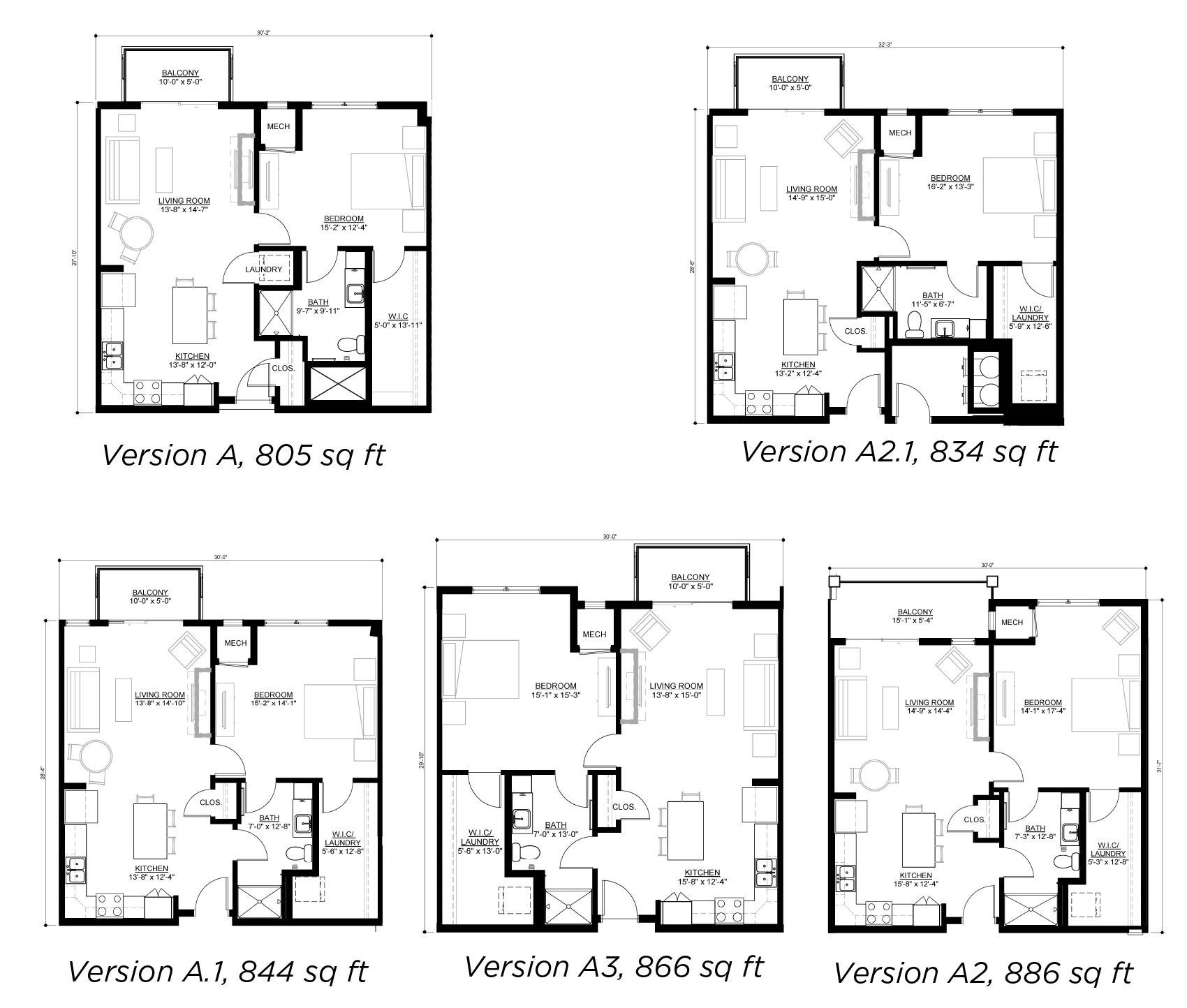 Floor plans for five different apartment layouts, labeled by version and total square footage.