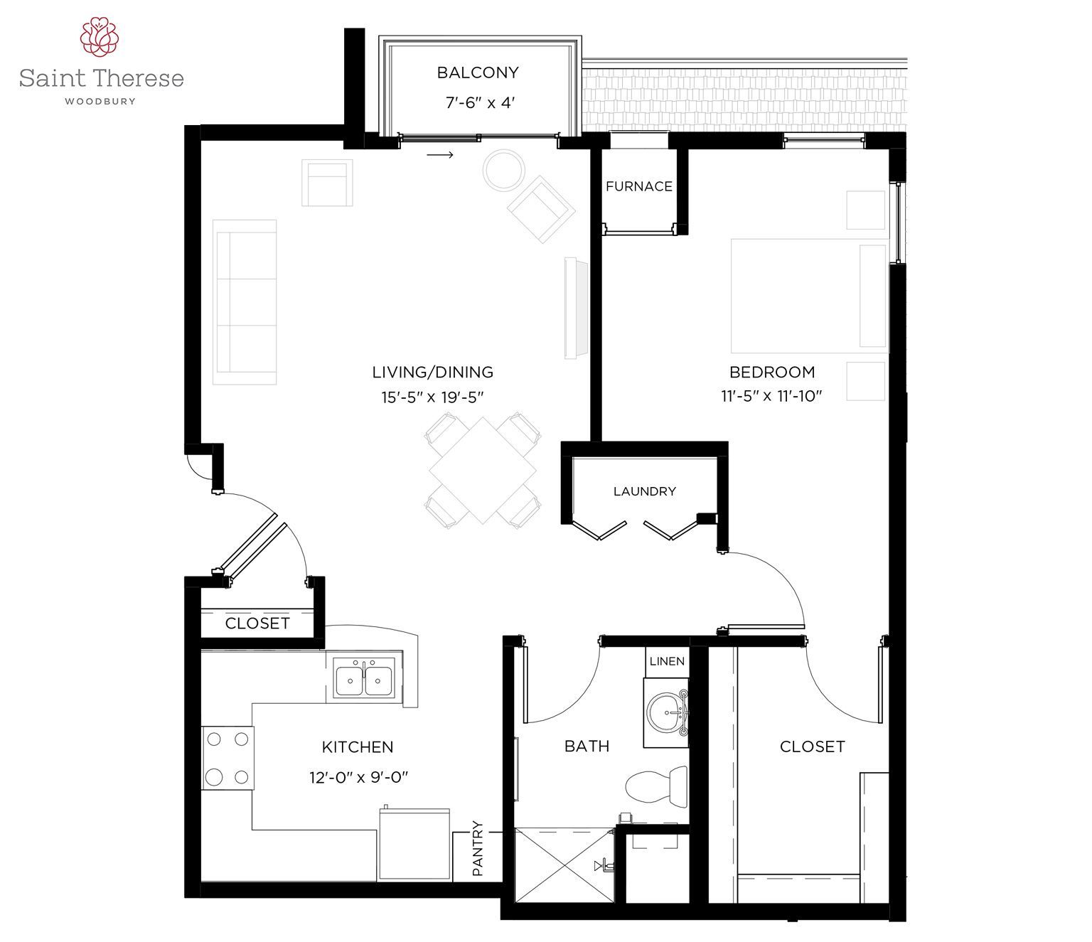 Floor plan of a one-bedroom apartment with a living/dining area, kitchen, bathroom, bedroom, balcony, and storage closets.
