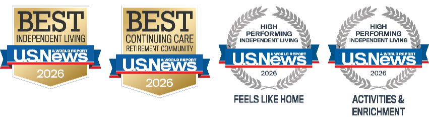 US News award badges, including “Best Hospitals” 2023 and 2024 and “Feels Like One” and “Activities & Dining” honors