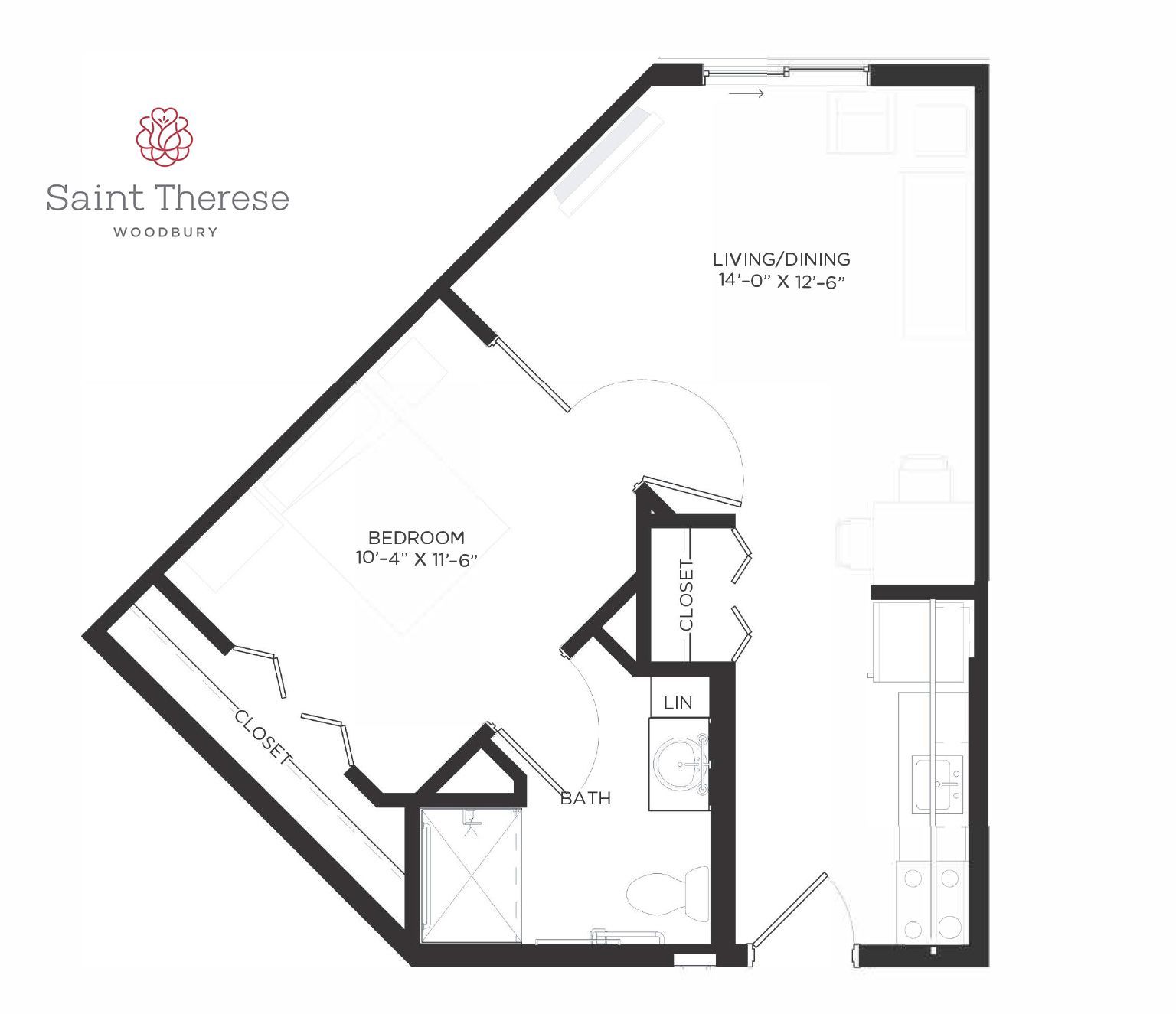 Floor plan for a one-bedroom apartment at Saint Therese Woodbury, showing living/dining, bedroom, bath, and kitchen areas.