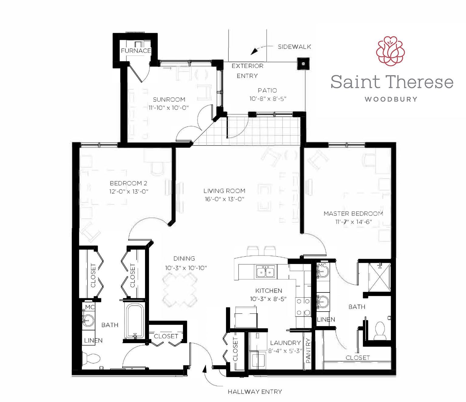 Floor plan for a Saint Therese Woodbury apartment featuring two bedrooms, two bathrooms, a kitchen, and a balcony.