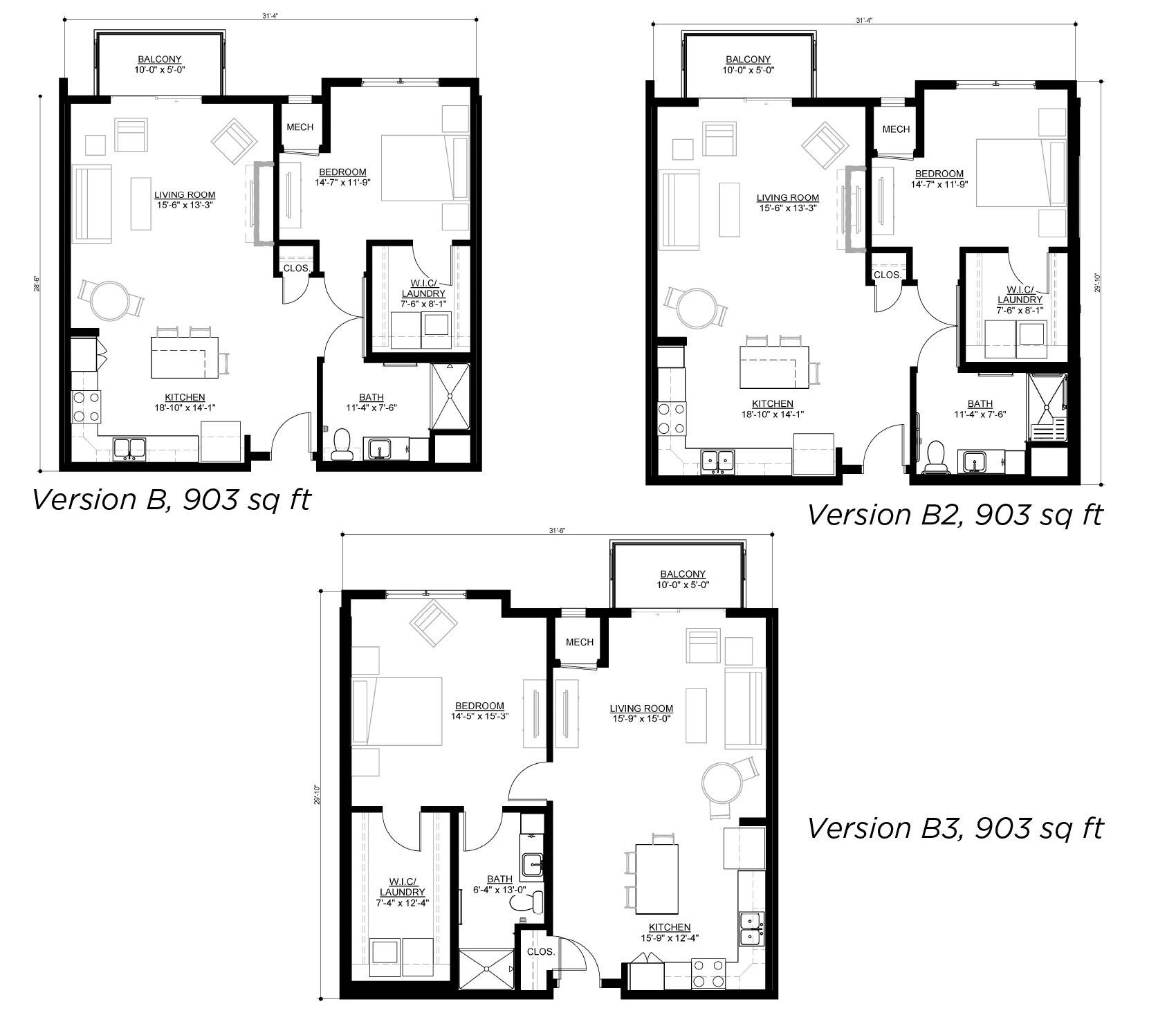 Three floor plan layouts labeled Version B, B2, and B3, each featuring one bedroom, a bathroom, and a 903 sq ft total area.