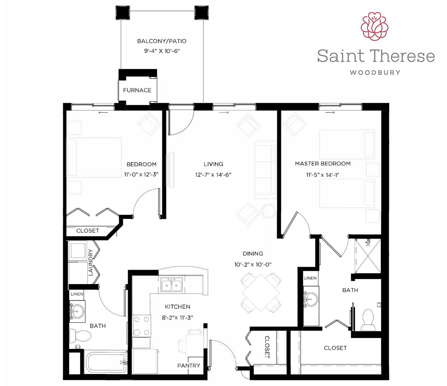 Floor plan for a Saint Therese Woodbury apartment featuring two bedrooms, two baths, a living room, dining area, and patio.