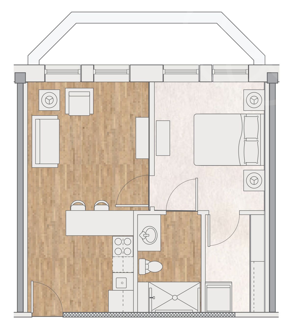 Floor plan of a one-bedroom apartment featuring an open kitchen, living area, bedroom, and bathroom with a shower.