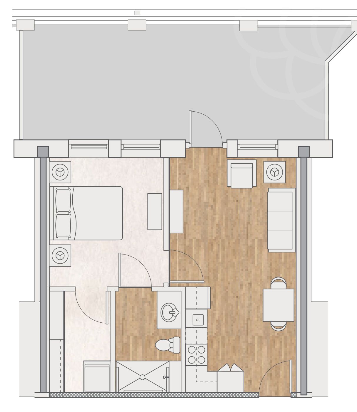 Floor plan for a one-bedroom apartment with a bedroom, bathroom, open kitchen, living area, and a large outdoor balcony.